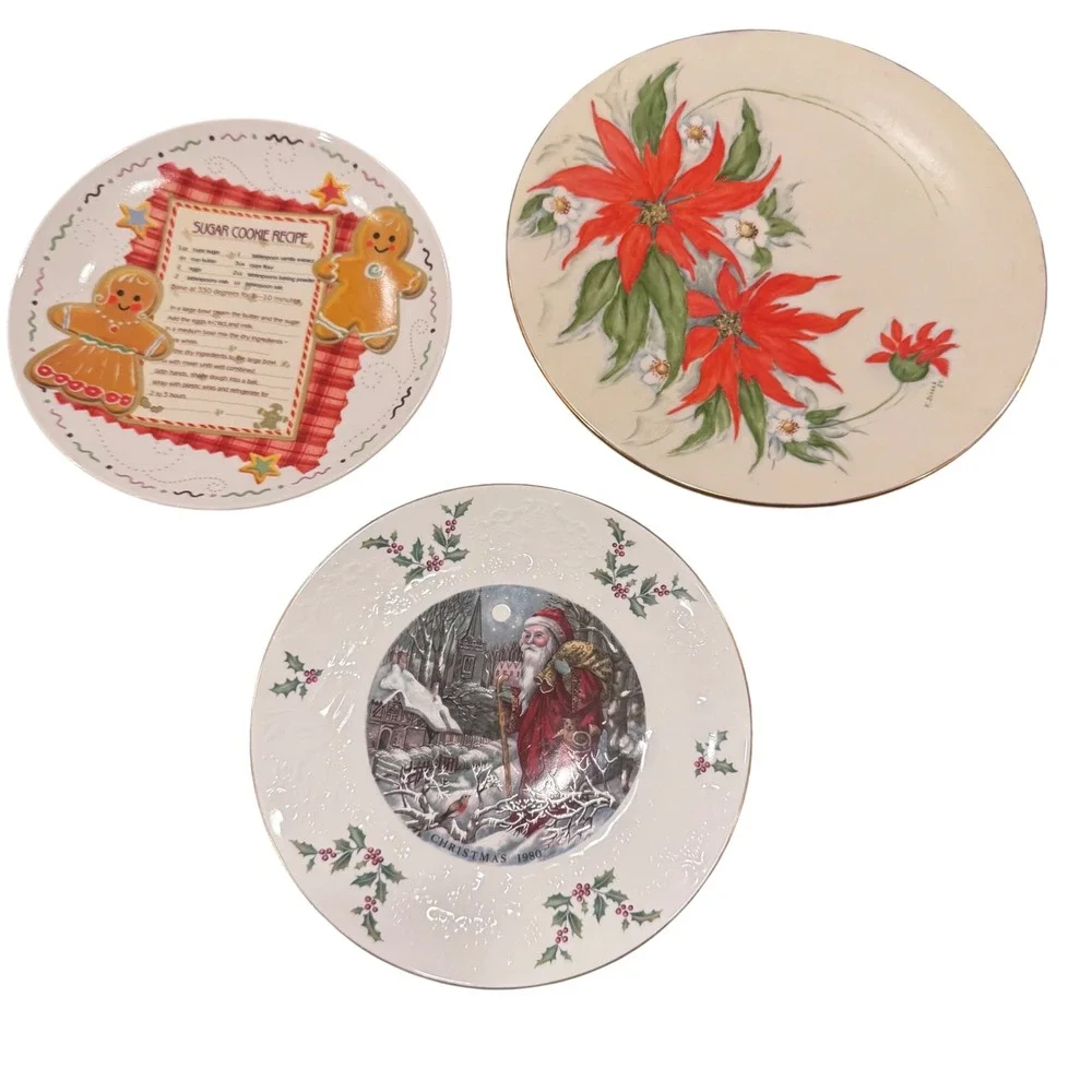 Christmas Holiday Collector Plates‎ Set of 3 Santa Poinsettia Cookie Vintage EUC